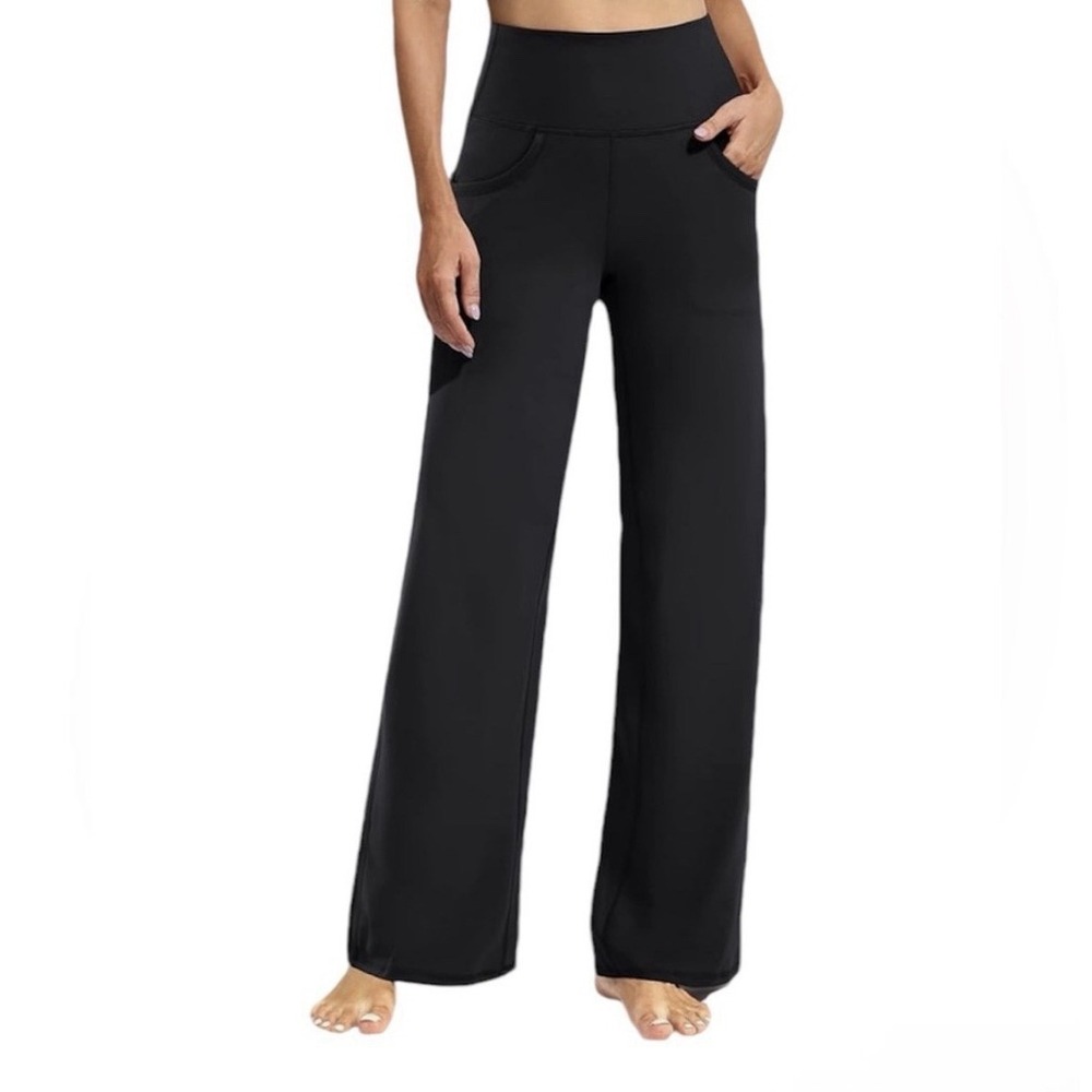 Promover Black Wide Leg Yoga Pants Womens Medium High Rise Stretch Athletic Pock